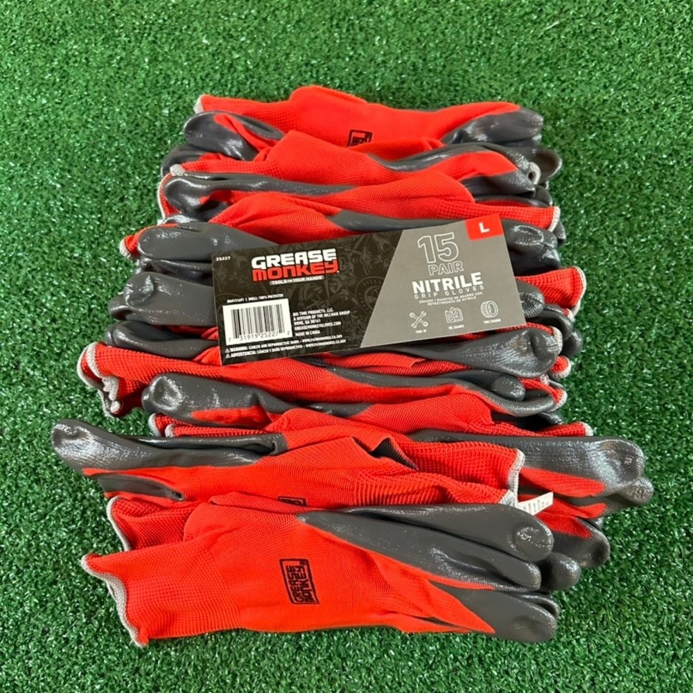 Grease Monkey Nitrile Grip Gloves 15 Pair Work Mechanic Automotive Red Large NWT